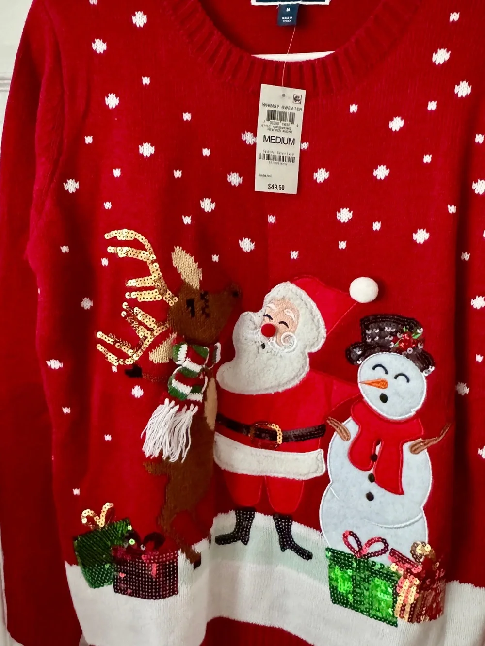 Karen Scott Red Crewneck Holiday Sweater with Santa, Snowman & Reindeer